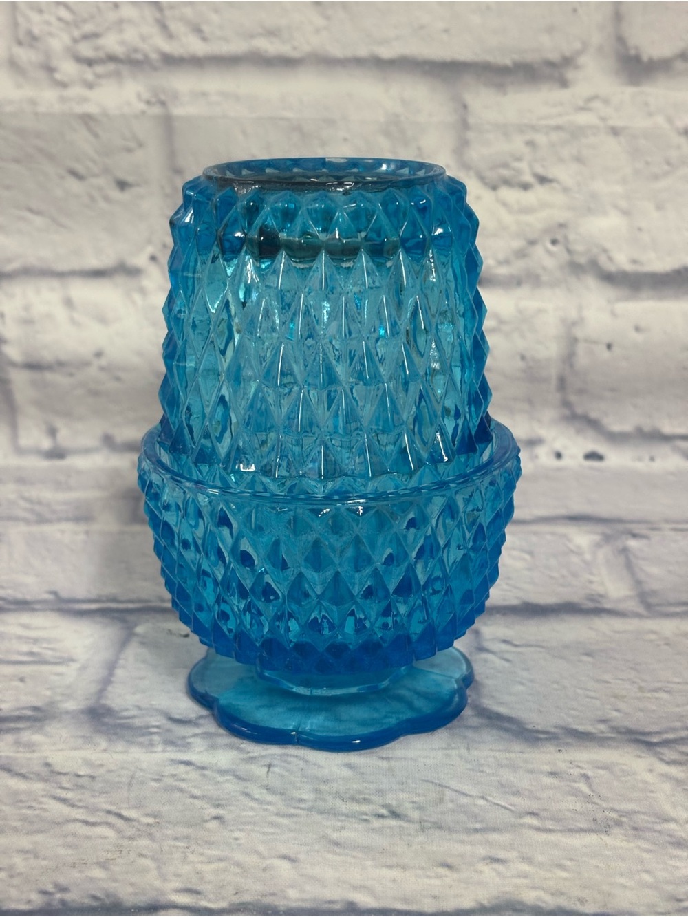 RARE! Indiana Glass Vintage Peacock Blue Diamond Point 2 Piece Fairy Lamp Read